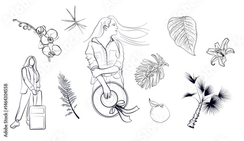 summer holiday girl and tropical elements coloring page vector