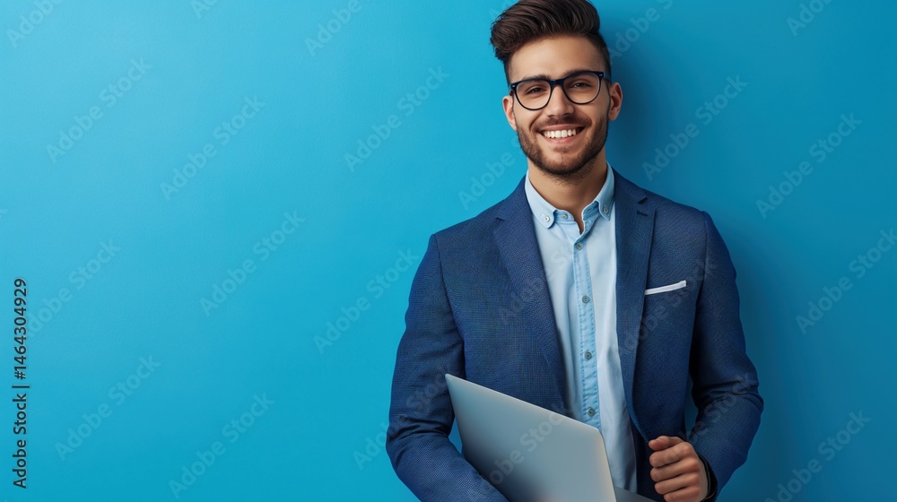 Happy young professional with laptop against blue background portrait image. Career ambition caucasian guy photography studio shot. Freelancer occupation concept photo realistic