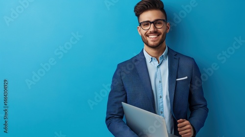Obraz na płótnie Happy young professional with laptop against blue background portrait image. Career ambition caucasian guy photography studio shot. Freelancer occupation concept photo realistic w salonie