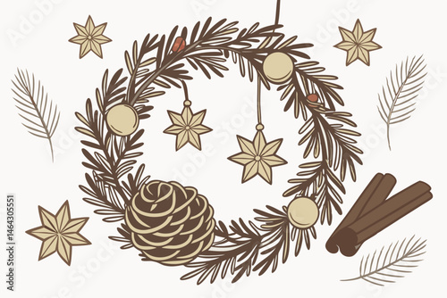 46 Christmas wreath, pine branches, pinecones, gold ornaments, cinnamon sticks, star anise, golden stars, festive decoration, circular design, natural materials, holiday spirit, warm tones, intricate 