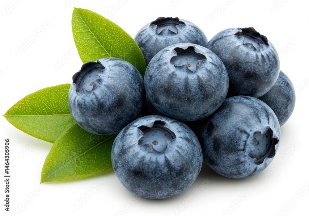 Obraz premium Pile of fresh blueberries with green leaves isolated on a white background, showing the vibrant color and texture