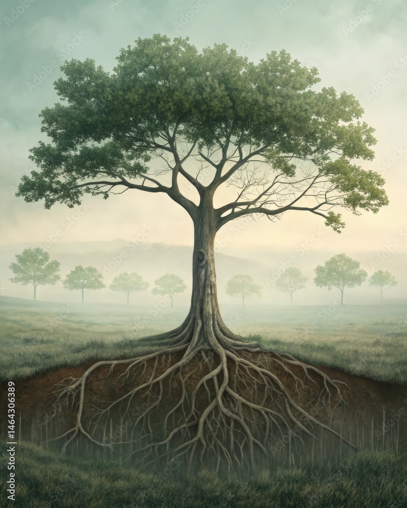 A tree with deep roots and a sy trunk conveying the idea of inner strength and the foundation built from past challenges that support future growth.