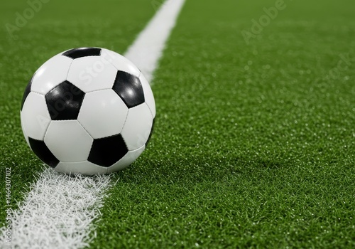 Soccer ball resting on the white line of a vibrant green artificial turf field, ready for a match or practice session