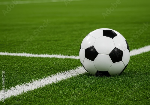 Soccer ball resting on a green field near the white corner line, ready for the game to begin