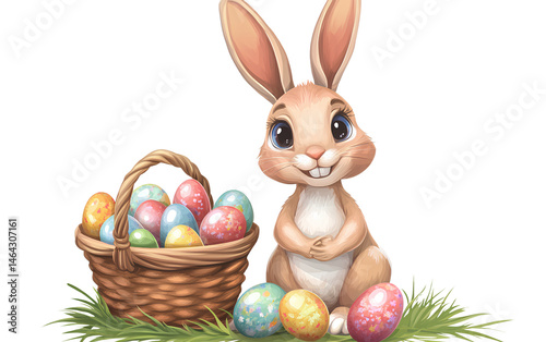 Cute cartoon Easter bunny with a basket of eggs, isolated on a transparent background.png