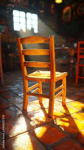 A rustic wooden chair in a sunlit, aged room photo