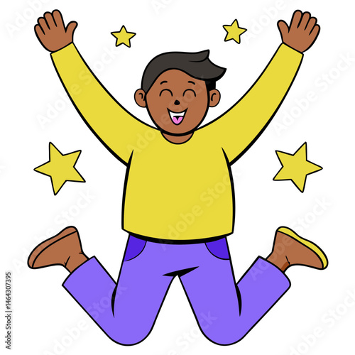 Happy boy jumping with arms up and stars around in a colorful cartoon style on a white background