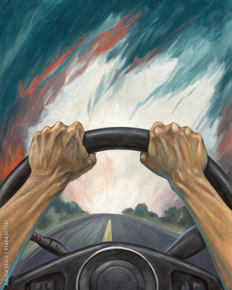 Two hands gripping a steering wheel tightly the drivers knuckles whitening portraying the tension of road rage versus the importance of control and calm.