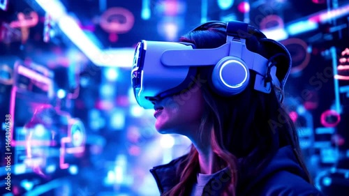 Person Wearing Futuristic VR Headset Fully Immersed in Virtual World
