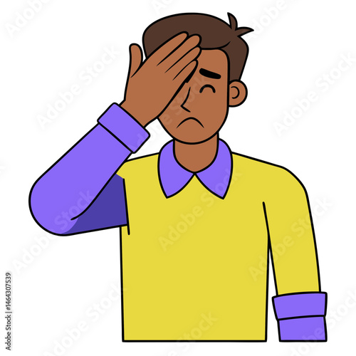 Sad man touching his forehead in a cartoon style with a white background