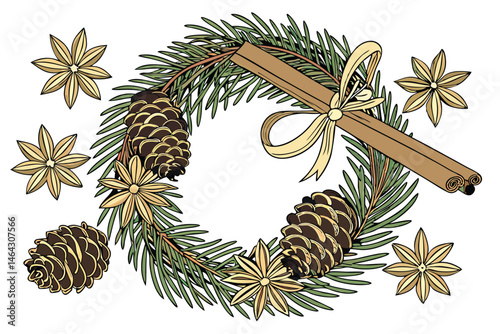 46 Christmas wreath, pine branches, pinecones, gold ornaments, cinnamon sticks, star anise, golden stars, festive decoration, circular design, natural materials, holiday spirit, warm tones, intricate 