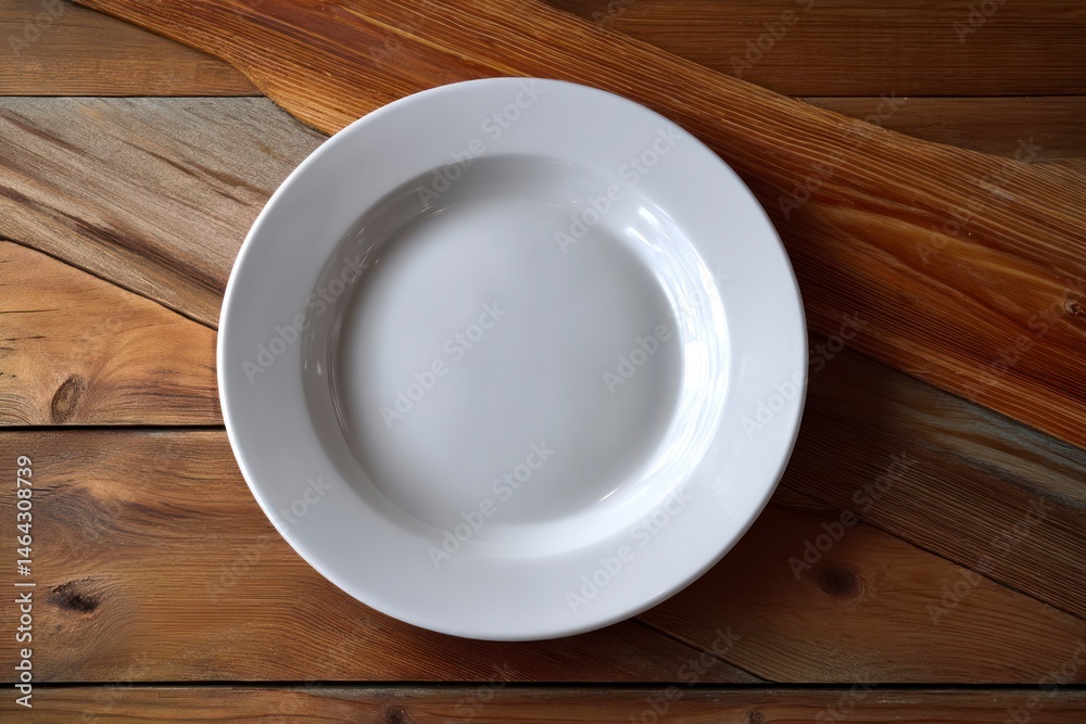 Clean White Plate on Rustic Wooden Tabletop Ready for Food Presentation Clean White Plate on Rustic Wooden Tabletop Ready for Food Presentation