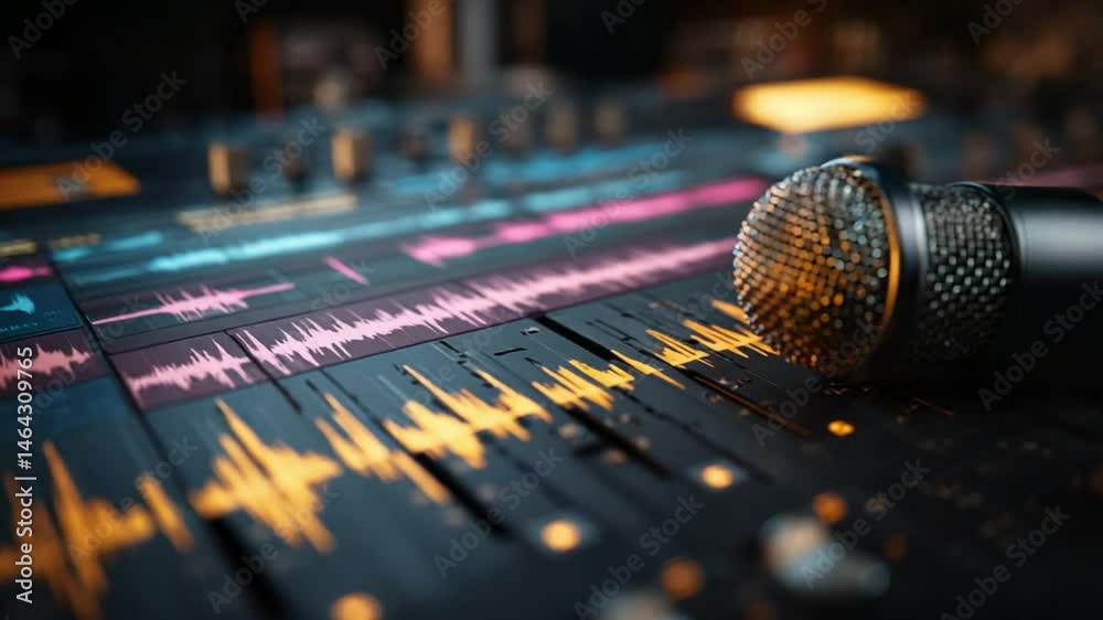 Close-up of a microphone on a vibrant audio mixing console with colorful sound waves displayed