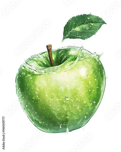 Green Apple with Water Splash and Dew Drops