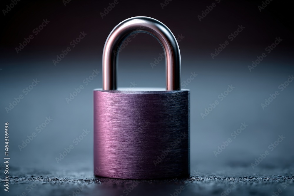 Fototapeta premium Close-up view of a metallic padlock with a sleek brushed finish showcasing iridescent hues reflecting light on a soft gradient background emphasizing security and technological sophistication