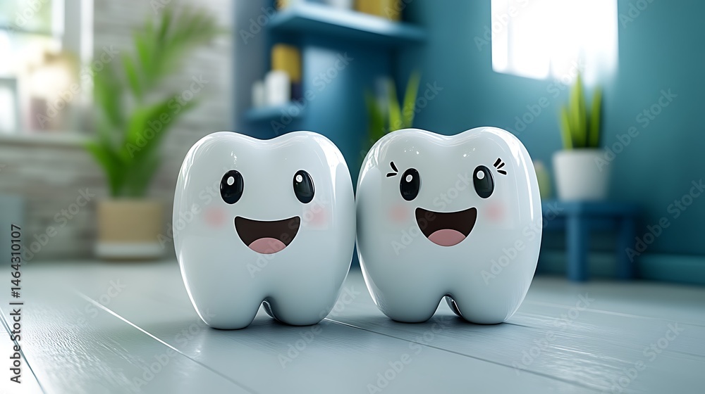 Obraz premium Two happy cartoon teeth standing next to each other cheerfully