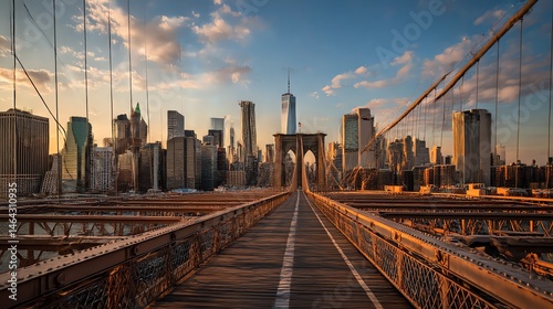 Stunning golden hour view of New York City skyline from Brooklyn, featuring Manhattan skyscrapers glowing at sunset by the East River.