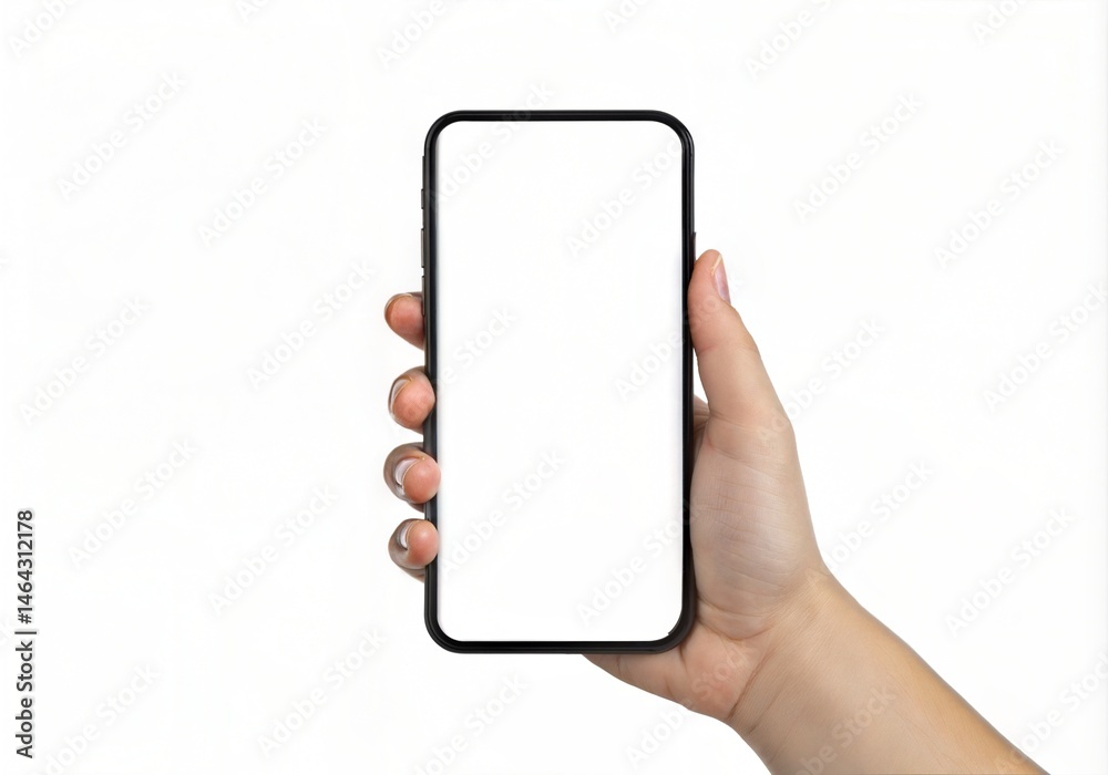 Smartphone mockup held in hand with blank screen for app or website presentation Smartphone mockup held in hand with blank screen for app or website presentation