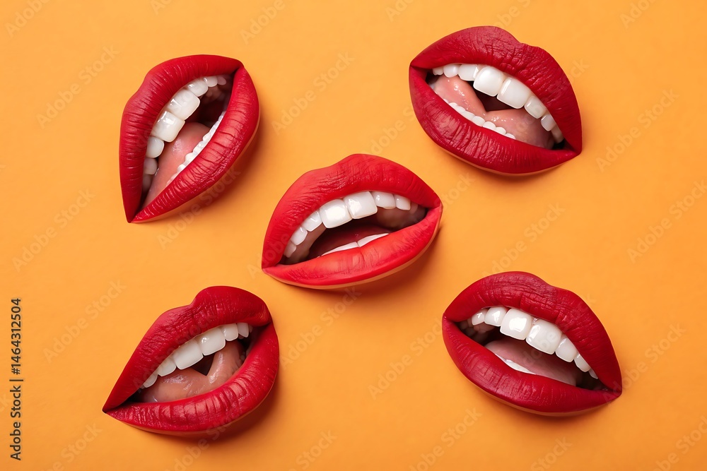 Obraz premium Red lips and white teeth on orange background, beauty concept