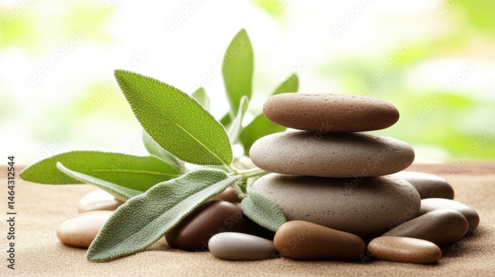 Close-up of a balanced stack of smooth stones and green sage leaves on a wooden surface with a soft-focus natural green background promoting relaxation and wellness Close-up of a balanced stack of smooth stones and green sage leaves on a wooden surface with a soft-focus natural green background promoting relaxation and wellness