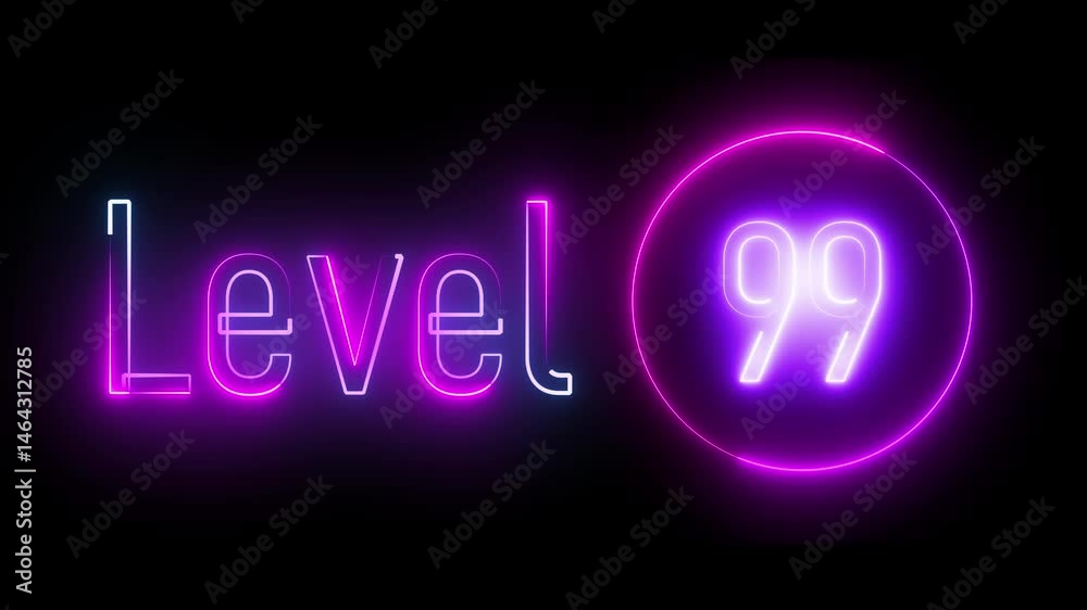 Colorful neon 'level 99' text with a radiant glowing circular border. Ideal for vibrant digital displays, motion graphics, and game level transitions. Colorful neon 'level 99' text with a radiant glowing circular border. Ideal for vibrant digital displays, motion graphics, and game level transitions.
