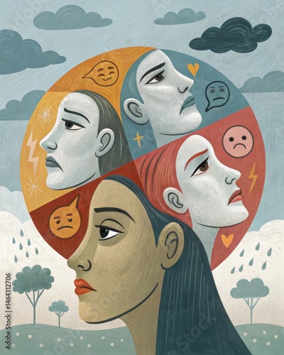A collage of faces displaying various emotionsfrustration confusion acceptancerepresenting the complex feelings that accompany the battle against unwelcome thoughts.