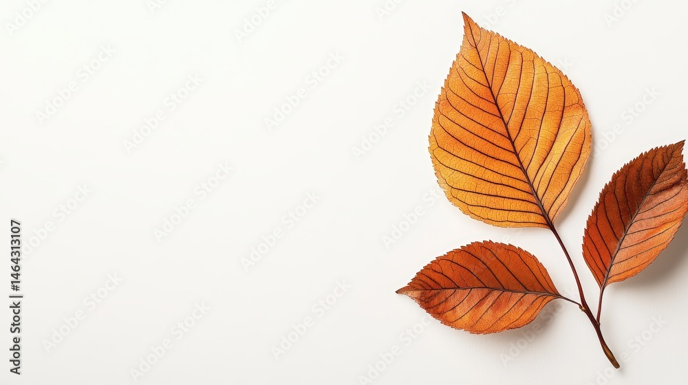 Obraz premium Close-up of three autumn leaves in warm orange and brown tones with visible veins on a white background for fall seasonal nature design and botanical themes