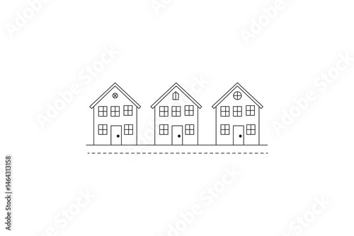 Three simple houses in a row, minimalist line drawing, street outline graphic