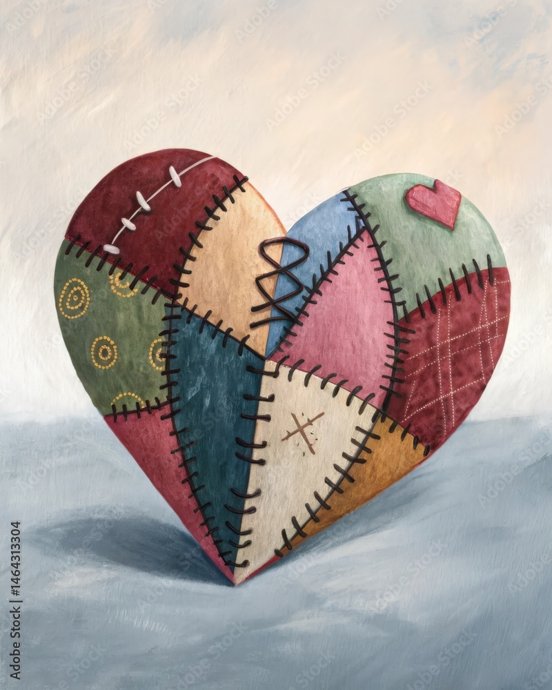 A heart made of patchwork fabric highlighting the idea of love and care stitching together the broken pieces of life.