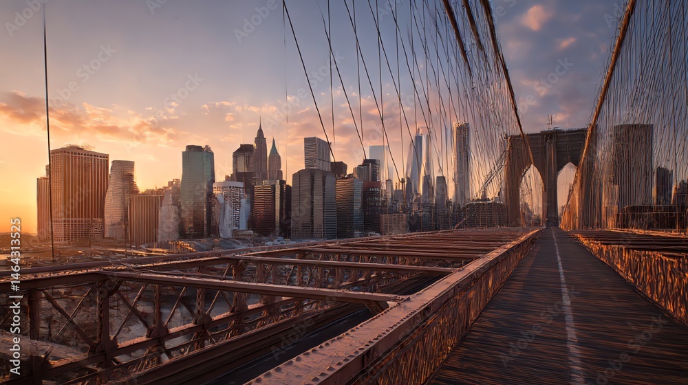 Fototapeta premium Stunning golden hour view of New York City skyline from Brooklyn, featuring Manhattan skyscrapers glowing at sunset by the East River.