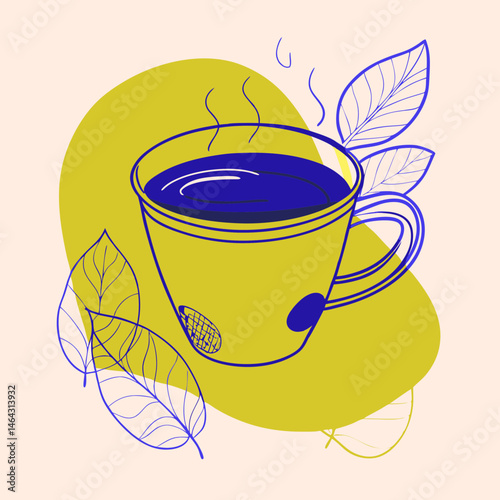 Illustration of a steaming cup of tea with leaves on a colorful abstract background
