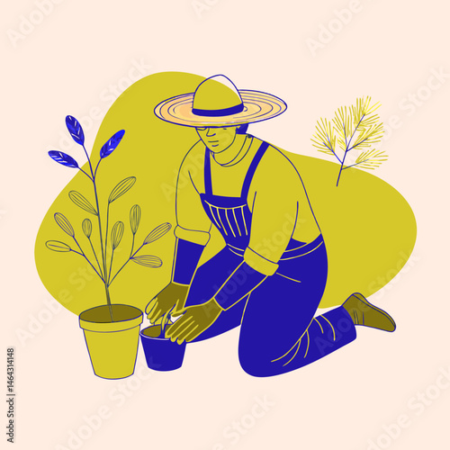 Illustration of a gardener planting seedlings in pots with colorful abstract shapes in the background