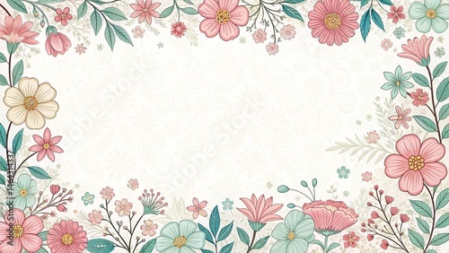 Elegant Floral Border Illustration with Pastel Flowers and Decorative Leaves
