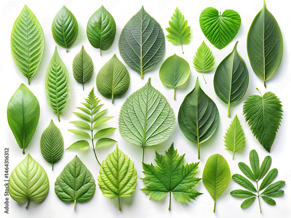 Fototapeta premium A collection of green leaves with varying shapes and sizes isolated on white background. The leaves are arranged in a row, with some overlapping and others standing alone.
