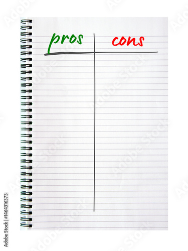 Pros and cons list in a spiral notebook isolated on white, Risk Assessment and management Concept stock image