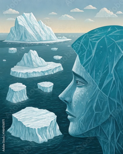 A series of smaller icebergs surrounding a larger one showcasing how subconscious thoughts can fragment and manifest into different aspects of an individuals personality.