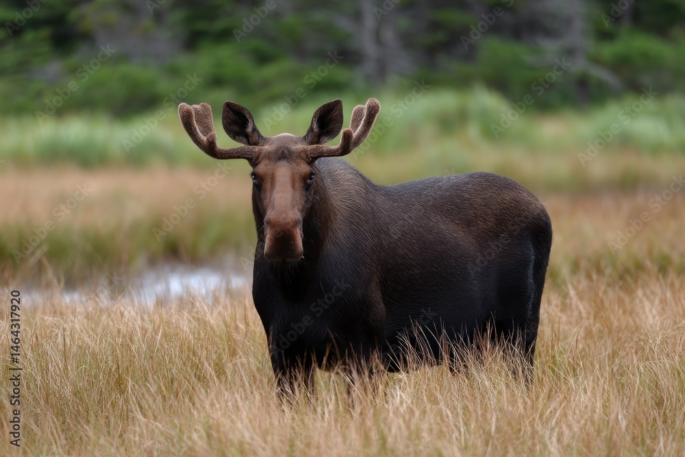 Fototapeta premium Moose Standing in Grassy Field with Antlers Portrait Wildlife Scene