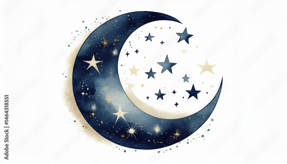 Naklejka premium crescent moon with golden stars and dark navy galaxy sparkles for ramadan web design, branding icon, or spiritual print illustration