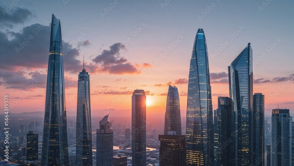 Fototapeta premium Hong Kong's urban skyline at sunset, featuring towering skyscrapers and a vibrant cityscape