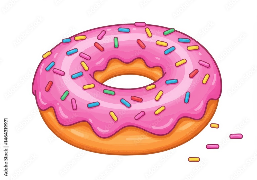 Pink frosted donut with colorful sprinkles on a white background, illustration Pink frosted donut with colorful sprinkles on a white background, illustration