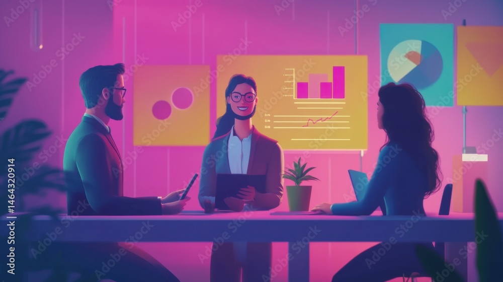 Creative presentation of business data with team collaboration in neon ambiance Creative presentation of business data with team collaboration in neon ambiance
