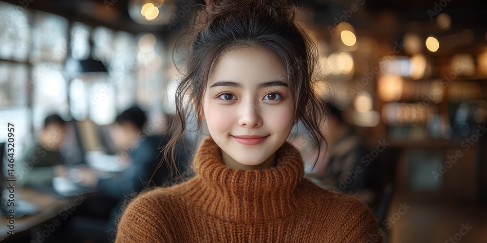 smiling Chinese university student, blurred library background with classmates working smiling Chinese university student, blurred library background with classmates working