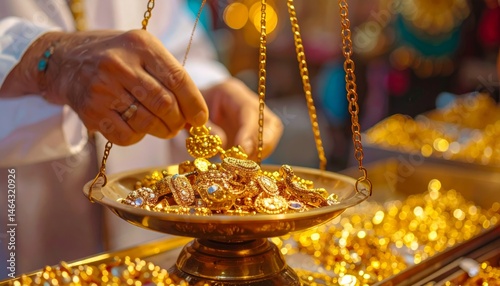 Close up of jeweler weighing gold jewelry on traditional scales showcasing wealth and heritage in Dubai United Arab Emirates