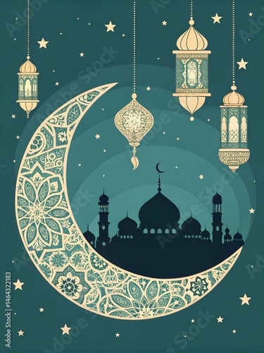 Golden Lanterns and Crescent Over Blue Mosque in Ornate Arch eid poster background