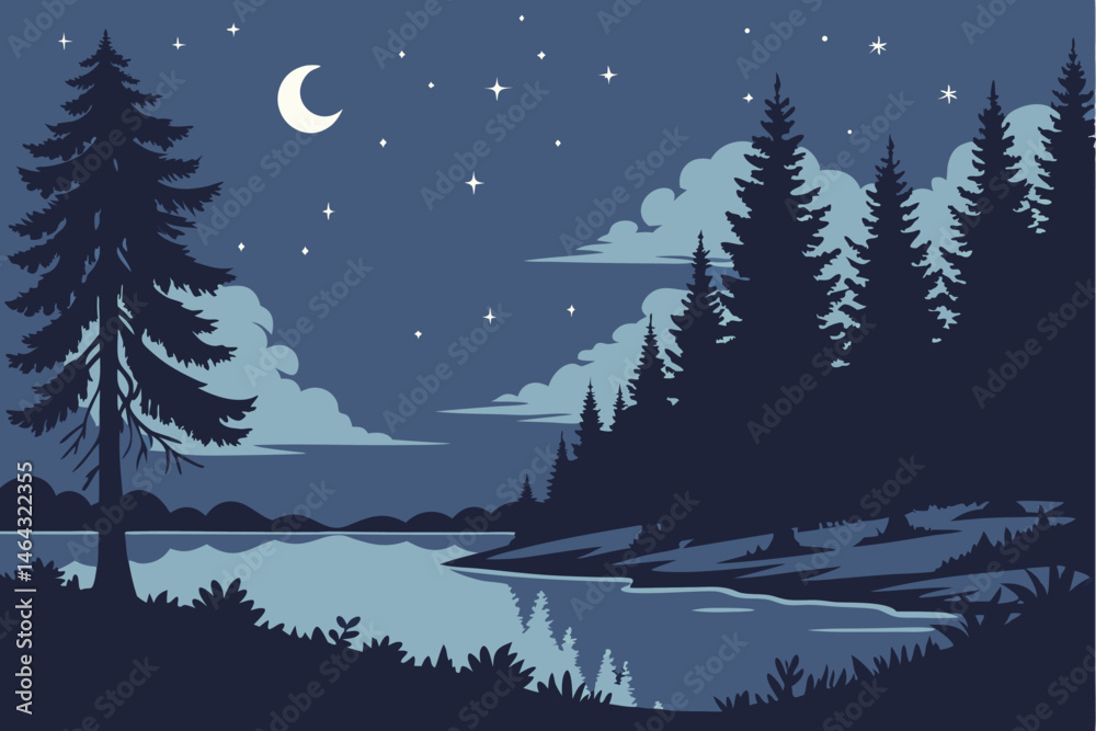 Fototapeta premium 52 Night sky, starry constellation, twinkling stars, calm lake reflection, silhouetted pine forest, moonlit clouds, ethereal atmosphere, serene landscape, deep blue hues, starlight shimmer, tranquil w