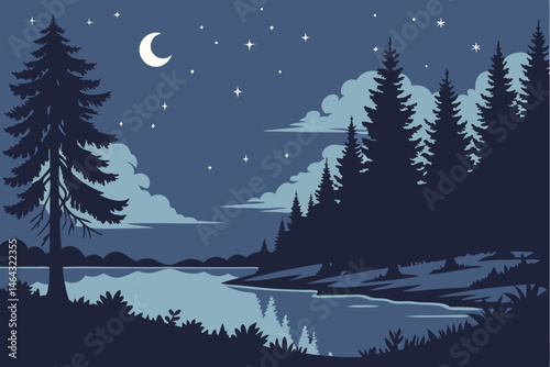 52 Night sky, starry constellation, twinkling stars, calm lake reflection, silhouetted pine forest, moonlit clouds, ethereal atmosphere, serene landscape, deep blue hues, starlight shimmer, tranquil w