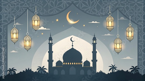 Crescent and Lanterns Above Mosque with Desert Dunes at Dusk eid poster background