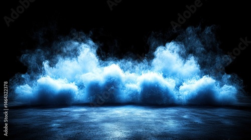 Bright blue cloud of smoke or fog illuminated against a dark background with a reflective surface, creating a mysterious and atmospheric effect