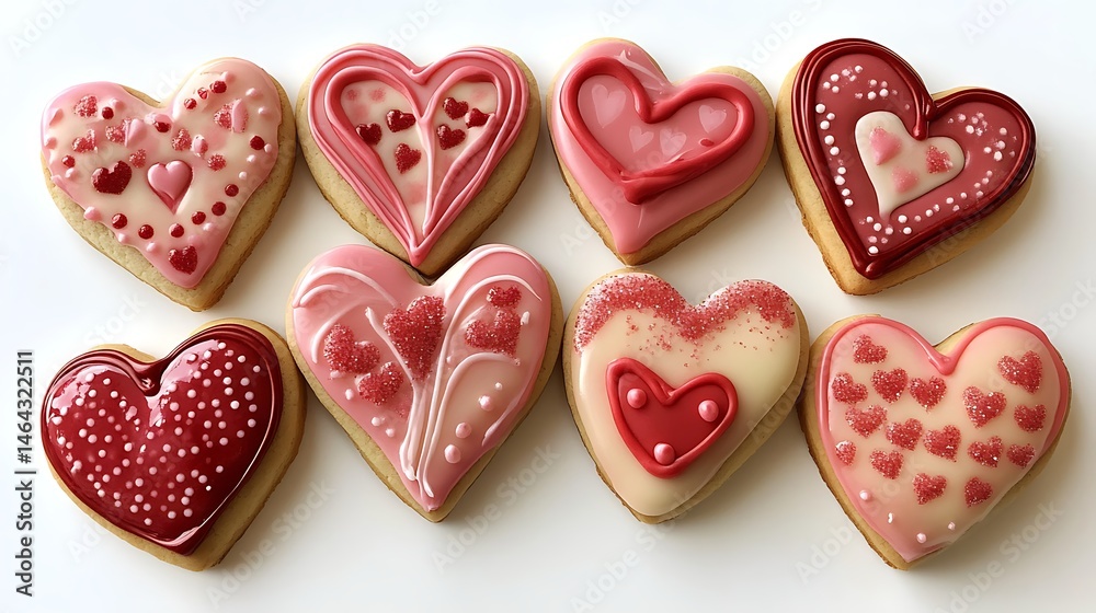 A collection of heart-shaped cookies decorated with red and pink icing A collection of heart-shaped cookies decorated with red and pink icing