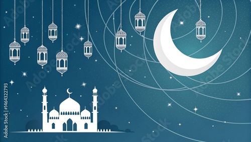 White Mosque and Crescent with Lanterns on Blue Abstract Night eid poster background